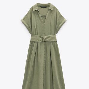 Zara Light Khaki Linen Blend Dress